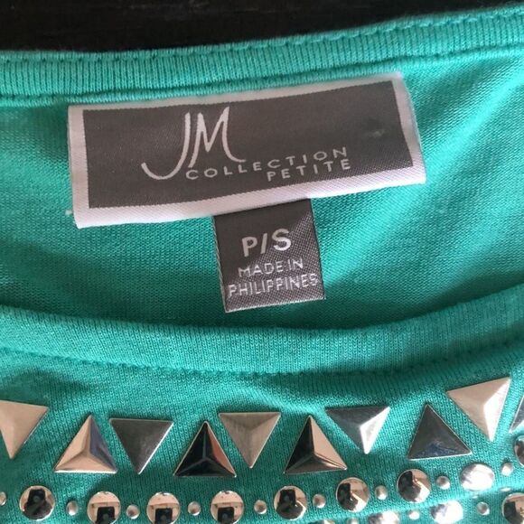 JM Collection Petite Blouse aqua Green Tie Front with Three Quarter Sleeves - Picture 6 of 7